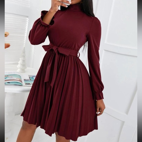 Luxe turtleneck flounce sleeve pleated dress - Picture 4 of 16